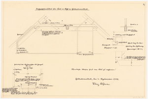 Schwarz-weißer architektonischer Zeichnung eines Hauses mit einem geneigten Dach, das als erster Grundriss bezeichnet wird, begleitet von detaillierten Texten und strukturellen Anmerkungen auf altem Papier.