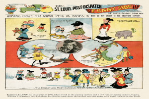 Eine Zeitungsseite aus der St. Louis Post-Dispatch Funny Side mit farbenfrohen, humorvollen Illustrationen von Menschen, Tieren und Gegenständen sowie verspieltem Text in einer schwungvollen Schrift.