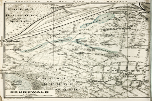Ein detailliertes altes Stadtplan von Grunewald, Deutschland, mit Straßennamen, Gebäuden und Sehenswürdigkeiten.
