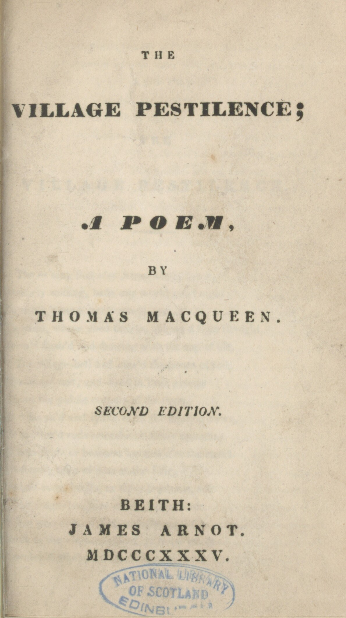 Ein Buch mit dem Titel "The Village Pestilence: A Poem by Thomas Macqueen" ist auf einer Seite mit Kursivtext mit einem dekorativen Rahmen geöffnet.