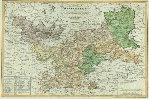 Ein altes Deutschland-Karte mit hervorgehobenen Provinzen Westfalens, in einem Fotorahmen mit beschreibendem Text.