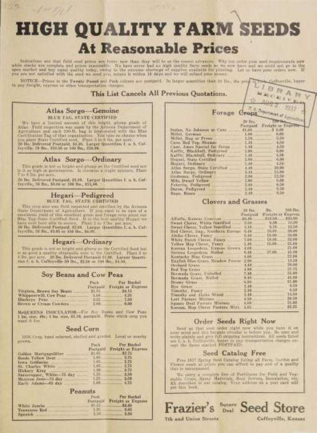 Ein Antiquariat mit einer Liste hochwertiger Farm-Samen und ihren Preisen aus Frazier's Seed Store in Coffeyville, Kansas, aus dem Jahr 1927.