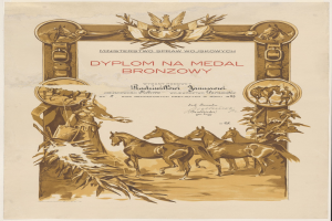 Ein Plakat zeigt eine Gruppe von Pferden, die in einem Feld mit einem Sonnenuntergang-Hintergrund galoppieren, bewirbt eine Medaillenzeremonie mit der Bezeichnung "Dyplom na Medal Bronzowy".