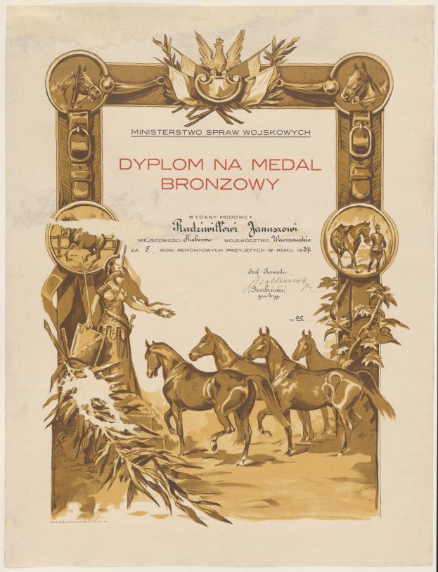Ein Plakat zeigt eine Gruppe von Pferden, die in einem Feld mit einem Sonnenuntergang-Hintergrund galoppieren, bewirbt eine Medaillenzeremonie mit der Bezeichnung "Dyplom na Medal Bronzowy".