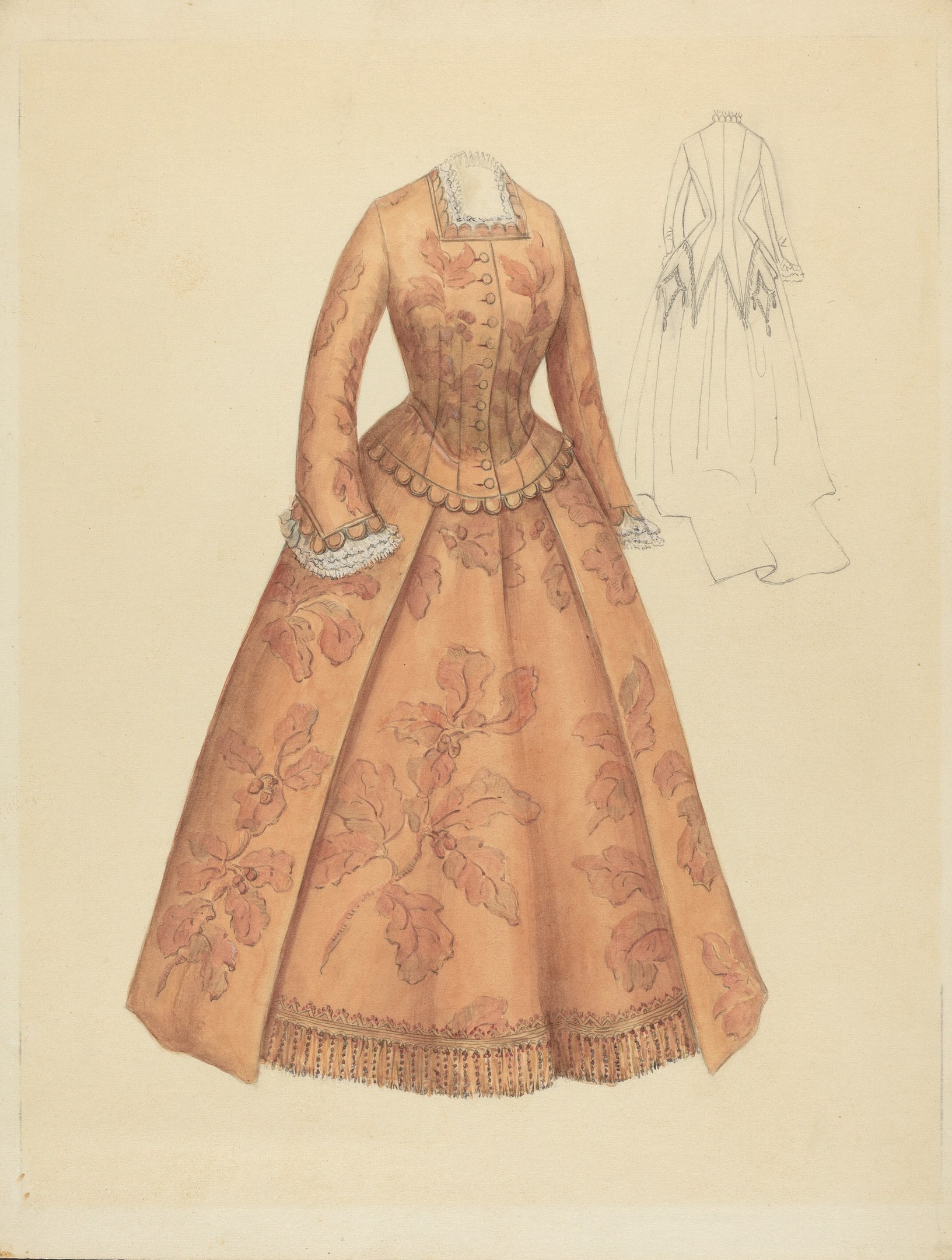 Ein detailliertes Kostümdesign aus dem 18. Jahrhundert mit einem bodenlangen Kleid mit hohem Kragen, floral gemustertem Oberteil in Rosa, Lila und Blau sowie einem Spitzenbesatz am Rock.