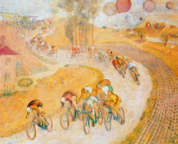 Gemälde "Die Tour de France" von Paul Cézanne zeigt Radfahrer auf einem Schotterweg mit Bäumen und einem Haus links.