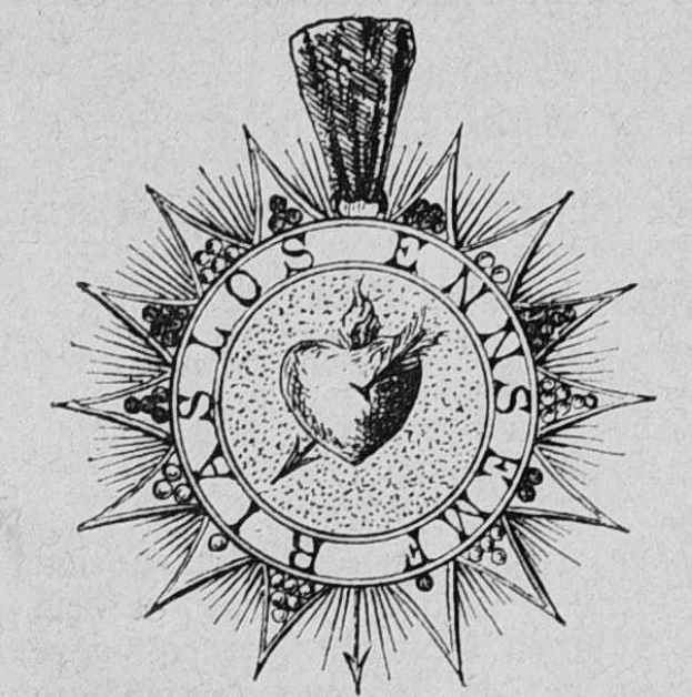 Eine Schwarz-Weiß-Zeichnung eines heiligen Herzens in der Mitte einer Sonnenstrahlenkrone, umgeben von fetter Schrift.