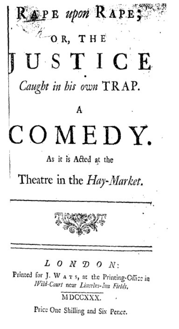 Schwarzes und weißes Plakat mit der Aufschrift "Vergewaltigung auf Vergewaltigung oder die Justiz gefangen in seiner eigenen Falle" in fetter schwarzer Schrift, wahrscheinlich Ankündigung einer Comedy-Show.