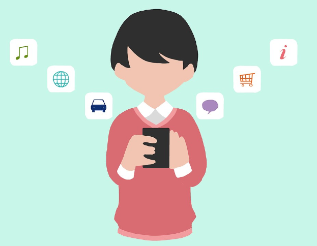 Animierter Mensch, der ein Smartphone hält, mit App-Icons, die darauf hinweisen, dass er Shopping-Apps nutzt.