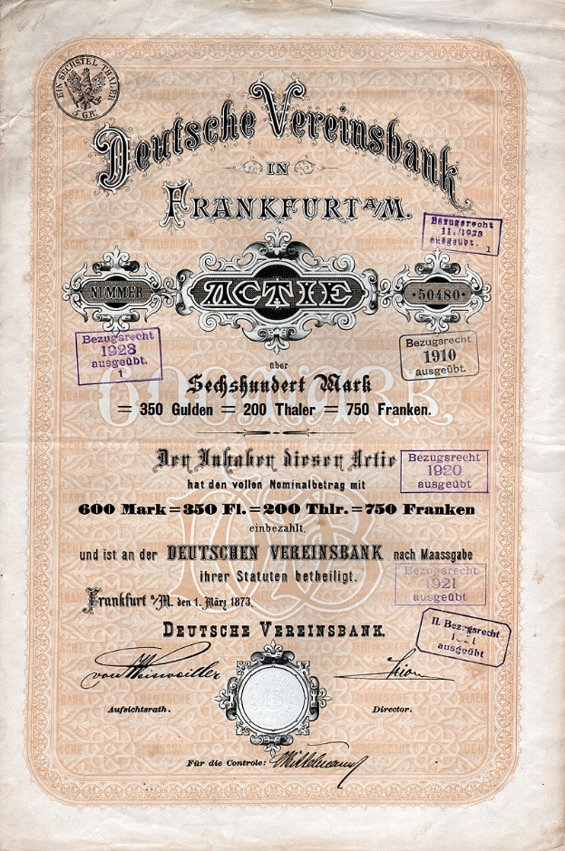 Altes deutsches Aktienzertifikat der Deutschen Vereinsbank, Frankfurt, auf Papier gedruckt.
