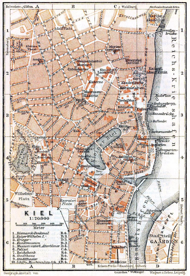 Detailreiches altes Stadtplan von Kiel, Deutschland, mit sichtbaren Straßen, Gebäuden und Sehenswürdigkeiten, mit Text oben und unten auf dem Papier.