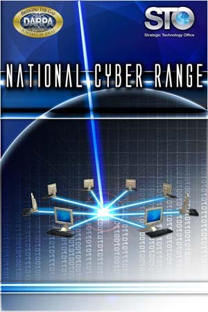 Plakat mit "Nationales Cyber-Range" in fetter weißer Schrift auf blauem Hintergrund, das eine Weltkugel mit vernetzten Computern zeigt.