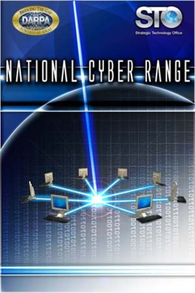 Plakat mit "Nationales Cyber-Range" in fetter weißer Schrift auf blauem Hintergrund, das eine Weltkugel mit vernetzten Computern zeigt.