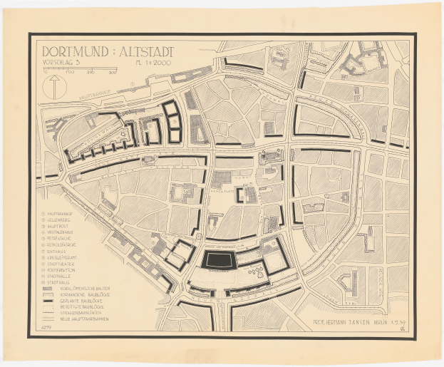 Detailiertes altes Stadtplan von Dortmund, Deutschland, der Straßen, Gebäude und Sehenswürdigkeiten mit weißem Hintergrund zeigt.