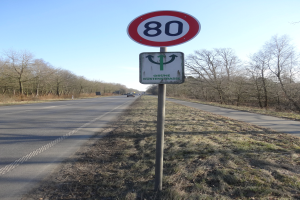 Ein Geschwindigkeitsbegrenzungsschild am Straßenrand mit vorbeifahrenden Fahrzeugen, umgeben von Gras und Bäumen, unter einem klaren blauen Himmel.