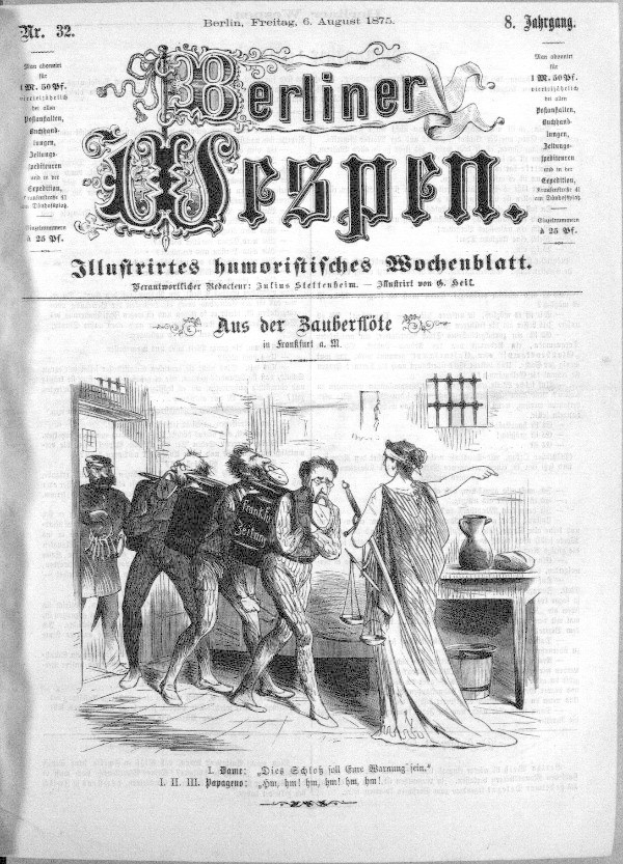 Schwarze und weiße Zeitung vom "Berliner Wespen, 6. August 1875" mit einer Gruppe von Menschen in Not, einige schauen erschrocken hoch und andere verwirrt nach unten.