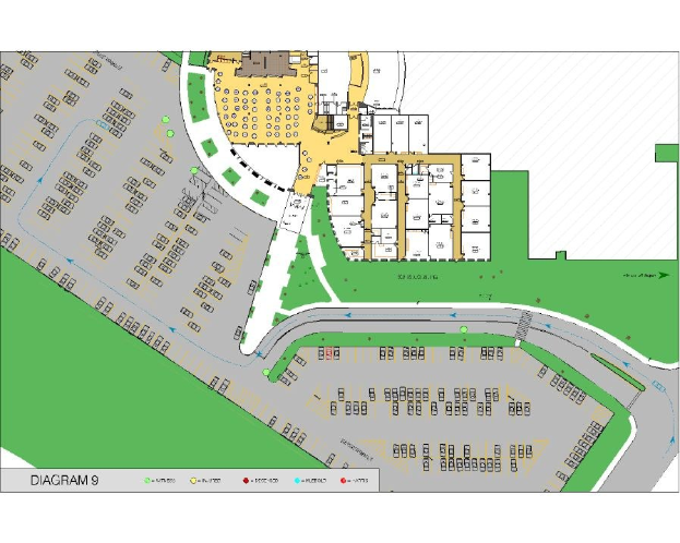 Lageplan einer neuen Entwicklung in San Antonio, Texas, der Straßen, Gebäude und Sehenswürdigkeiten zeigt.