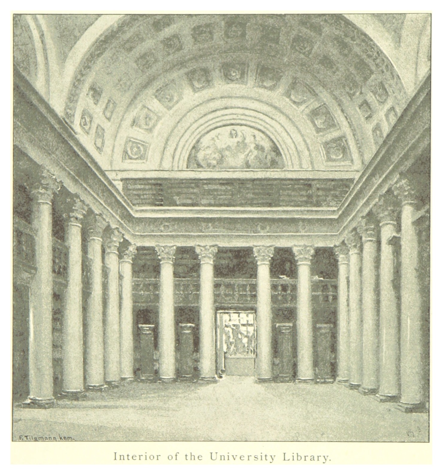 Großartiger Innenraum einer Universitätsbibliothek mit hohen Säulen und prächtigen Deckenentwürfen sowie dekorativem Text am Boden.