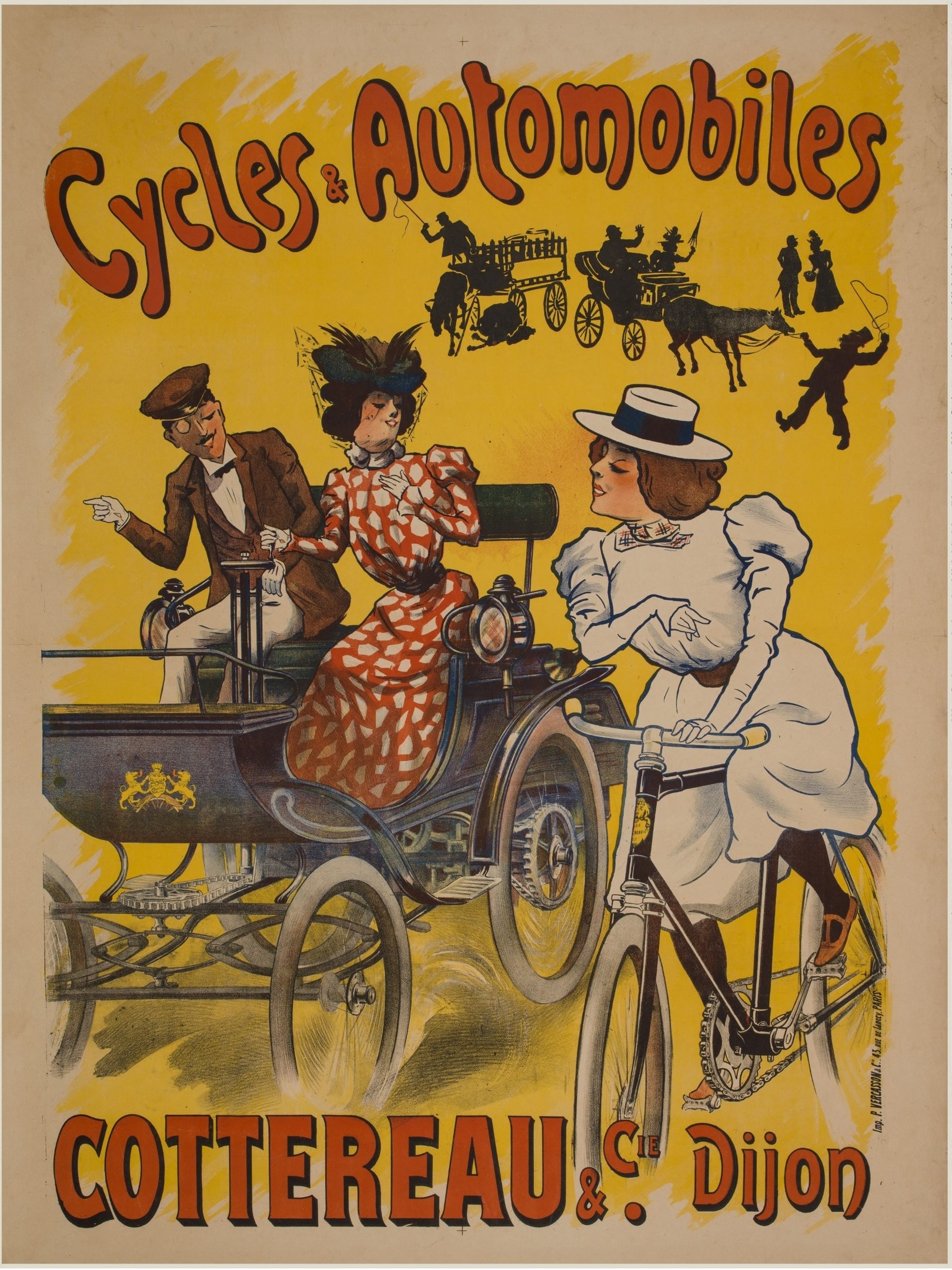 Plakat zur Werbung von Fahrrädern und Automobilen in Cottereau und Dijon, Frankreich, das Menschen auf Fahrrädern und eine Kutsche zeigt mit "Fahrräder und Automobile" oben.
