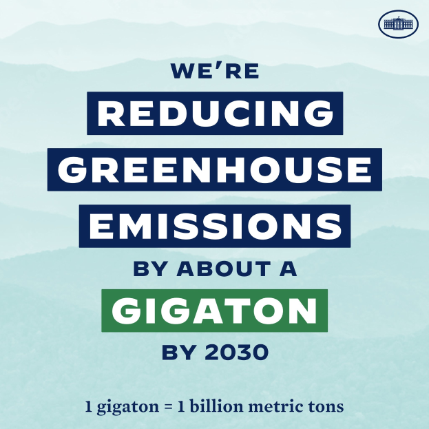 Plakat mit der Aufschrift "Wir reduzieren die Treibhausgasemissionen bis 2030 um etwa eine Gigatonne" und einem Logo, das eine signifikante Reduzierung der Treibhausgasemissionen bis 2030 fordert.