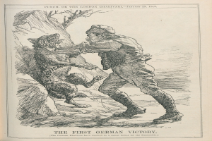 Ein aufgeschlagenes Buch mit einer Zeichnung eines Mannes in einem Hut und einem Hund neben ihm, mit der Aufschrift "Das erste deutsche Sieg" auf der Seite.