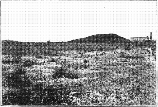 Schwarz-weißes Foto eines Feldes mit einem Hügel im Hintergrund, einem Gebäude auf der rechten Seite und einem Himmel oben, mit dem Text 'New York State Penitentiary' unten.