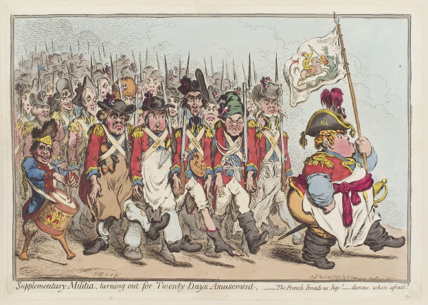 Cartoon von Männern in Militäruniformen, die eine Straße entlangmarschieren, einer hält eine Fahne, mit Text 'Supplementary Militia, Turning Out for Twenty-Days Amusement' unten.