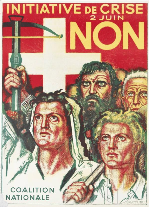 Plakat für die Coalition Nationale, eine nichtregierungsorganisatorische Initiative, mit einer Gruppe von Menschen, die einen Hammer und eine Sichel halten, und Texten über die Organisation und ihre Mission.