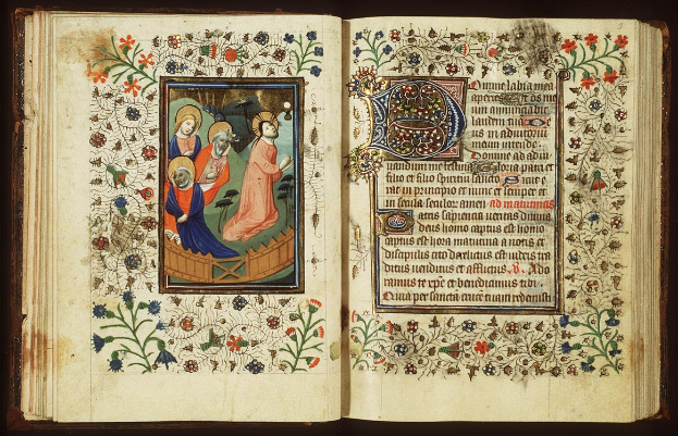 Illuminierte Handschriftenseite mit einer Gruppe von Menschen in detaillierten und leuchtenden Farben.