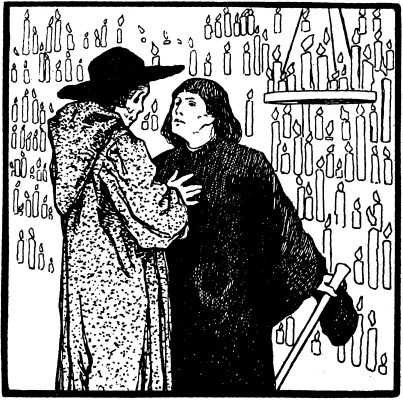 Schwarze und Weiße Illustration eines Mannes, der einen Stock hält und einer Frau, die neben ihm vor einer Wand aus Kerzen steht, mit dem Text "Das Buch Mormon" unten.