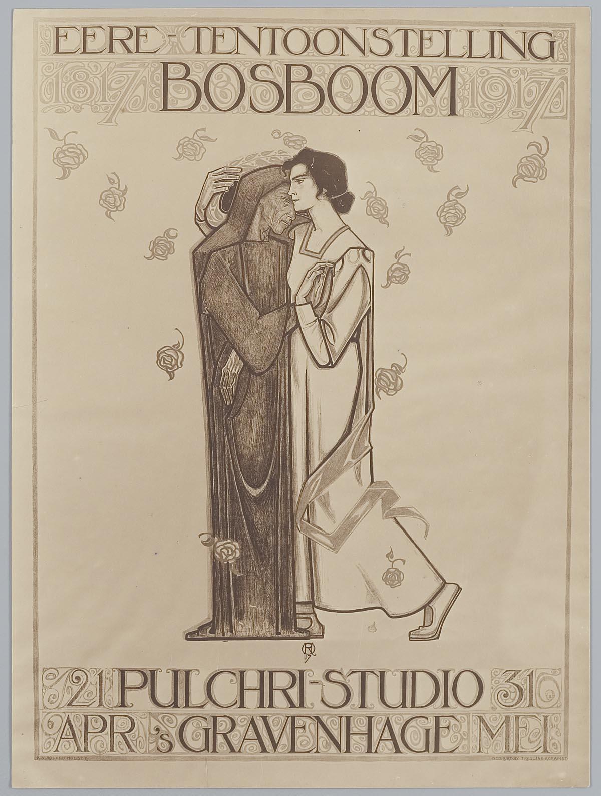 Ein Konzertplakat mit einem Mann im Anzug und einer Frau in einer Schürze, die Seite an Seite mit ernsten Gesichtern stehen, begleitet von Text, der das Ereignis beschreibt.