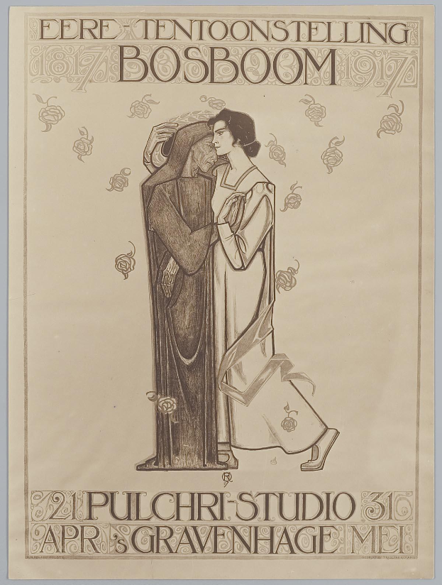 Ein Konzertplakat mit einem Mann im Anzug und einer Frau in einer Schürze, die Seite an Seite mit ernsten Gesichtern stehen, begleitet von Text, der das Ereignis beschreibt.