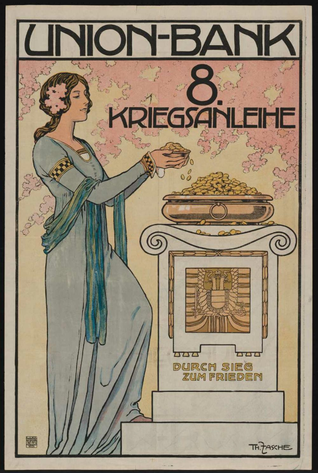 Eine Frau in einem weißen Kleid hält eine Schüssel mit Essen in der Hand und steht vor einem schwarzen Hintergrund mit einem Plakat, auf dem "Union-Bank 8 Kriegsanleihe" auf Deutsch steht.