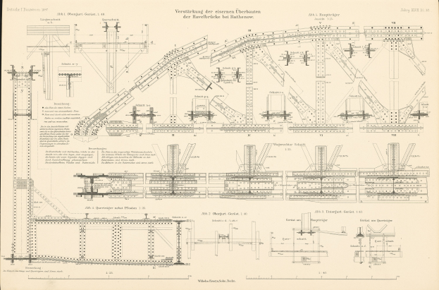 Ein altes Buch mit einer Zeichnung einer Eisenbahnschiene, voller detaillierter Diagramme und Texte zum Bau einer Brücke.