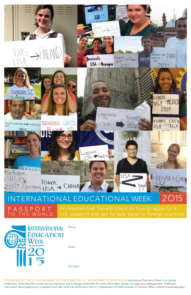 Plakat zur Internationalen Bildungswoche 2015 mit lachenden Menschen, die Schilder mit Veranstaltungstexten halten
