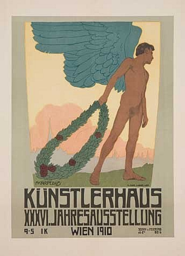 Deutsches Propagandaplakat aus dem Jahr 1910 für das Künstlerhaus Wien, das einen geflügelten Mann in einem Kranz mit ausgebreiteten Armen zeigt.