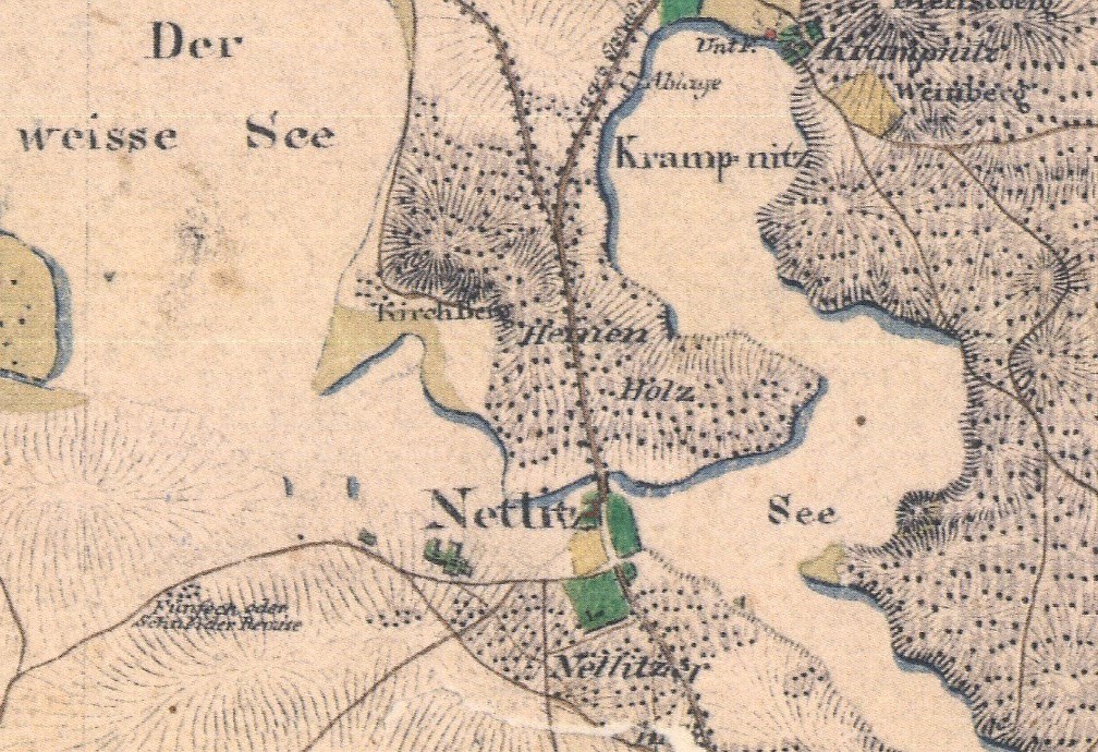 Alte detaillierte Karte von Nettlitz, Deutschland, mit Straßen, Gebäuden und Sehenswürdigkeiten mit Text.