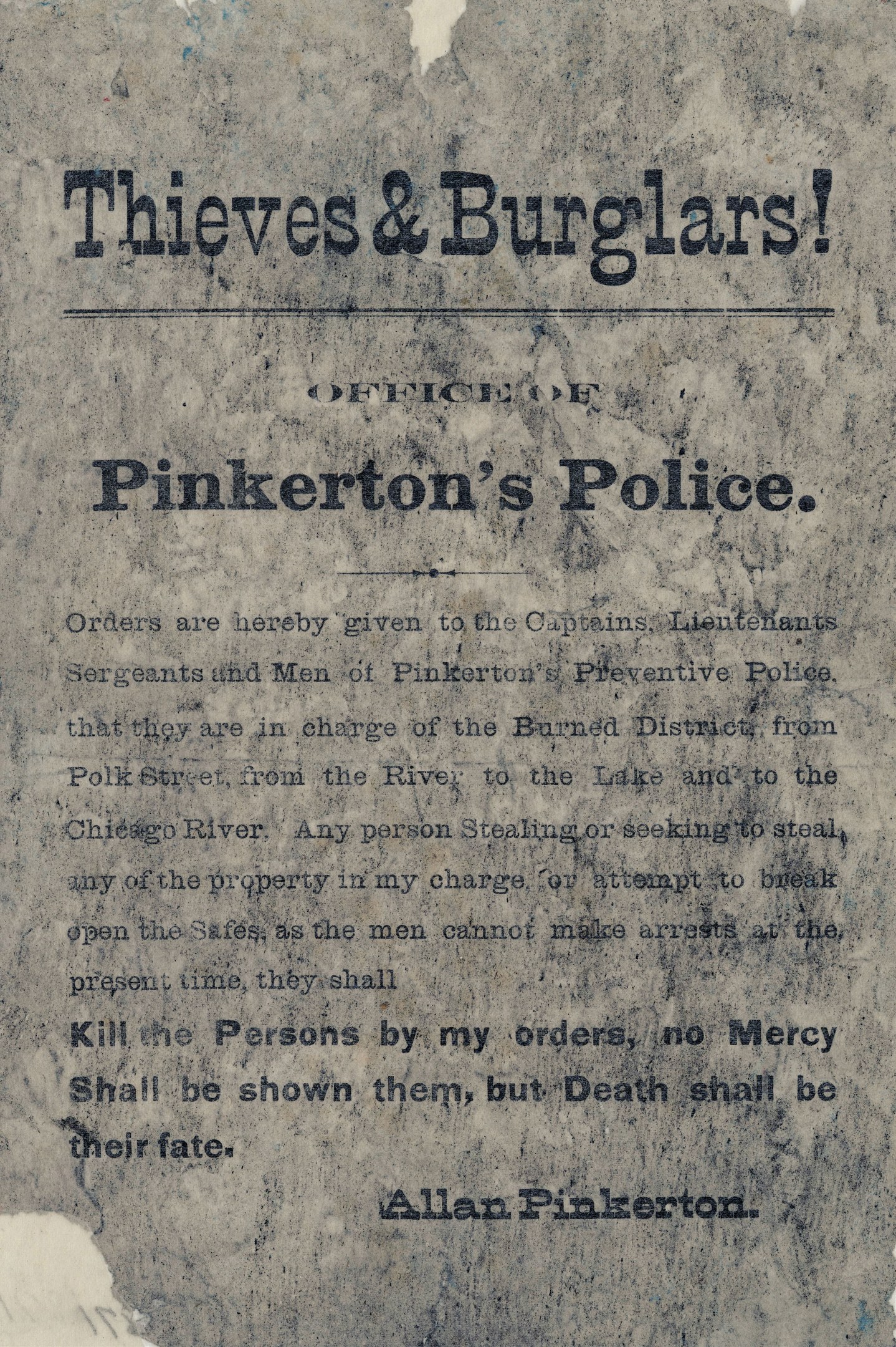 Ein Plakat mit fetter schwarzer Schrift, die 'Thieves & Burglars Pinkerton's Police' lautet, auf einem weißen Hintergrund, umrahmt von einem schmalen schwarzen Rand.