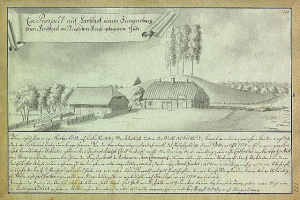 Ein altes Dokument mit einer Zeichnung eines Hofes in einem Feld, umgeben von Häusern, Bäumen und einem Himmel, mit der Aufschrift "Surgensburg, Deutschland - Landschaft eines Hofes".