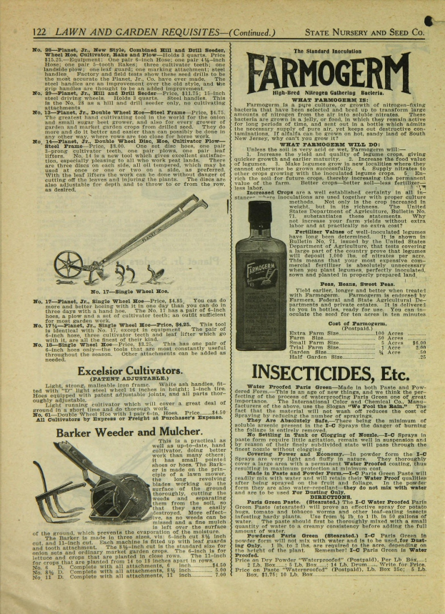 Altes Buchcover mit einer Flasche Farmogerm-Insektizid mit klarer Flüssigkeit und schwarzer Schrift auf dem Etikett, vor einem hellblauen Hintergrund mit weißem Rand.