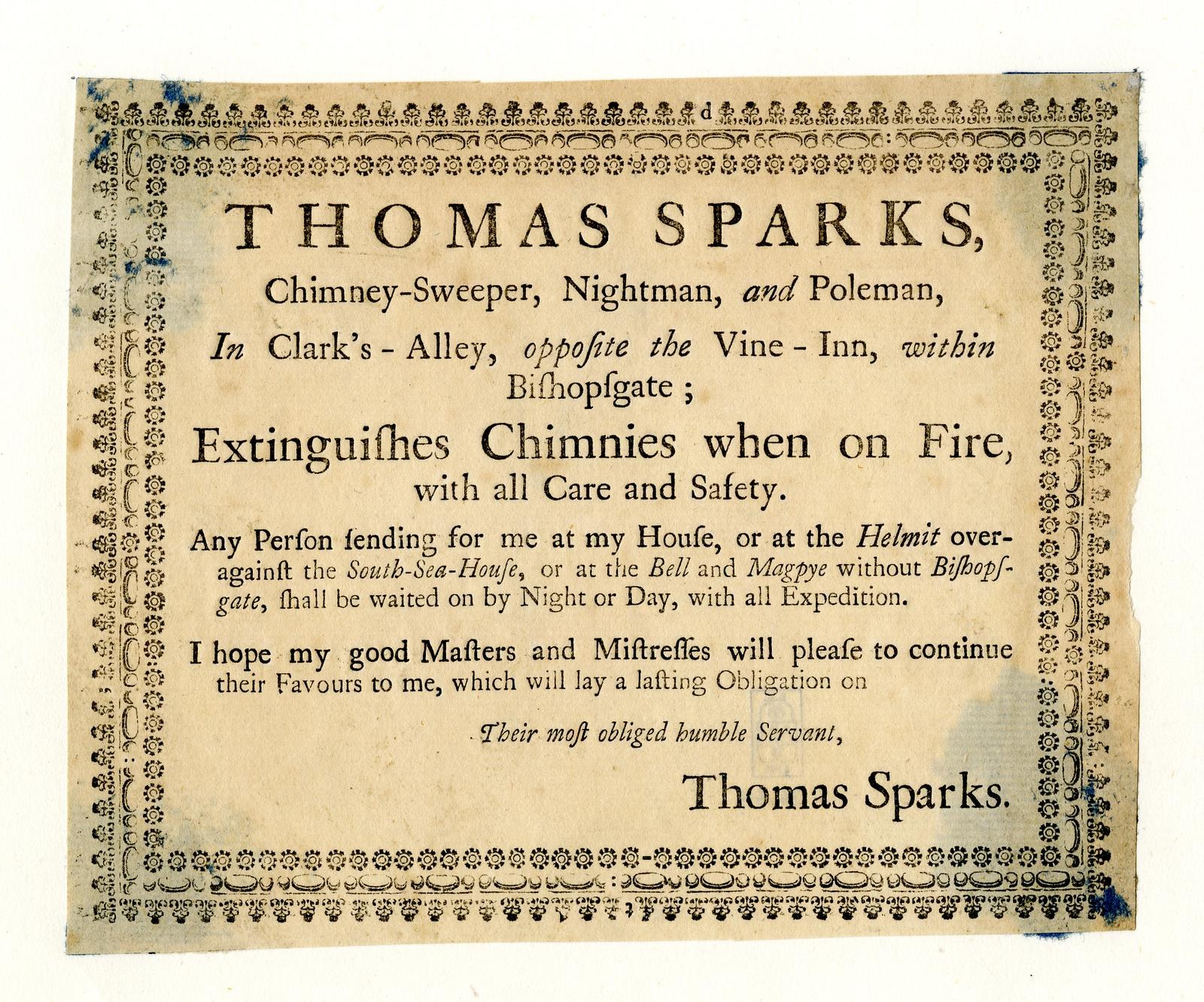 Anzeige für Thomas Sparks, einen Kaminfeger, Nachtmann und Polenmann in Clark's Alley, Bishopsgate, der seine Dienste als Kaminlöscher anbietet.