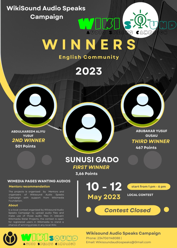 Buntes Plakat für die Wikisound Audio Speaks Kampagne mit einem blauen Hintergrund, das in fetten gelben und weißen Buchstaben 'Gewinner' in Großbuchstaben trägt und mehrere strahlende Menschen in der Mitte zeigt, die die Gewinner der Kampagne feiern.