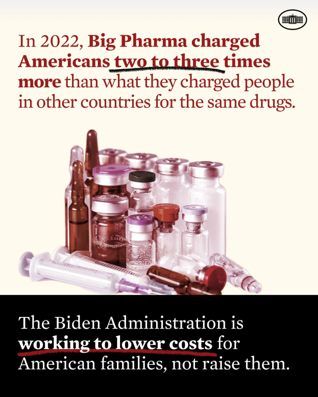 Plakat, das zeigt, dass Big Pharma 2022 Amerikaner für dieselben Medikamente zwei bis drei Mal so viel berechnet hat wie in anderen Ländern, mit Bildern von Medikamentenflaschen und einer Spritze darunter.
