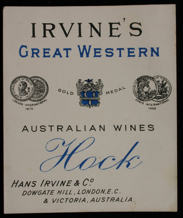 Plakatwerbung für Irvines Große Western Australian Wines Hock, das die Logos des Unternehmens und Text enthält, der verschiedene Weinarten angibt.