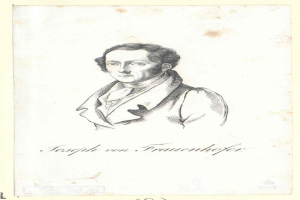 Eine Schwarz-Weiß-Zeichnung von Joseph von Frauenhofer, einem deutschen Komponisten, auf einem Blatt Papier mit etwas Text.