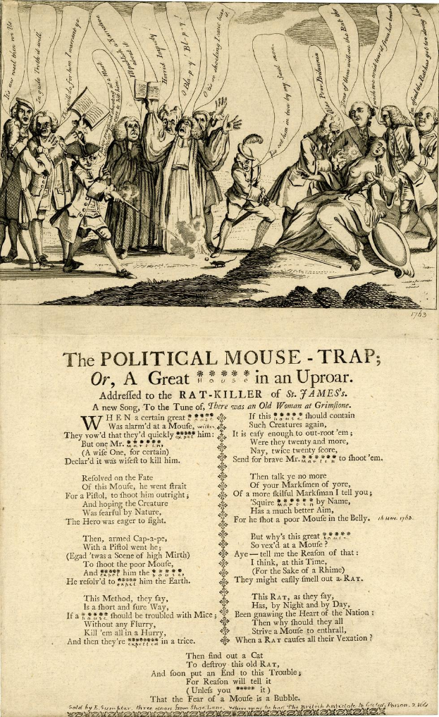 Politischer Cartoon betitelt "Die politische Mausefalle, oder, ein großer Rattenkiller in Aufruhr" zeigt besorgte Menschen in einer chaotischen Szene.