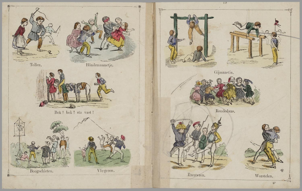 Offenes Buch mit illustrierten Szenen von Menschen beim Laufen, Springen und Ballspielen, jeweils begleitet von beschreibendem Text.