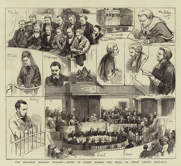 Schwarz-weißes Gerichtsszenario mit einer stehenden Person, die ein Buch hält, einem Zug im Hintergrund und Text unten mit der Aufschrift "The Brighton Railway Tragedy - Court Notes During the Trial of Percy Leffroy Mapleton."