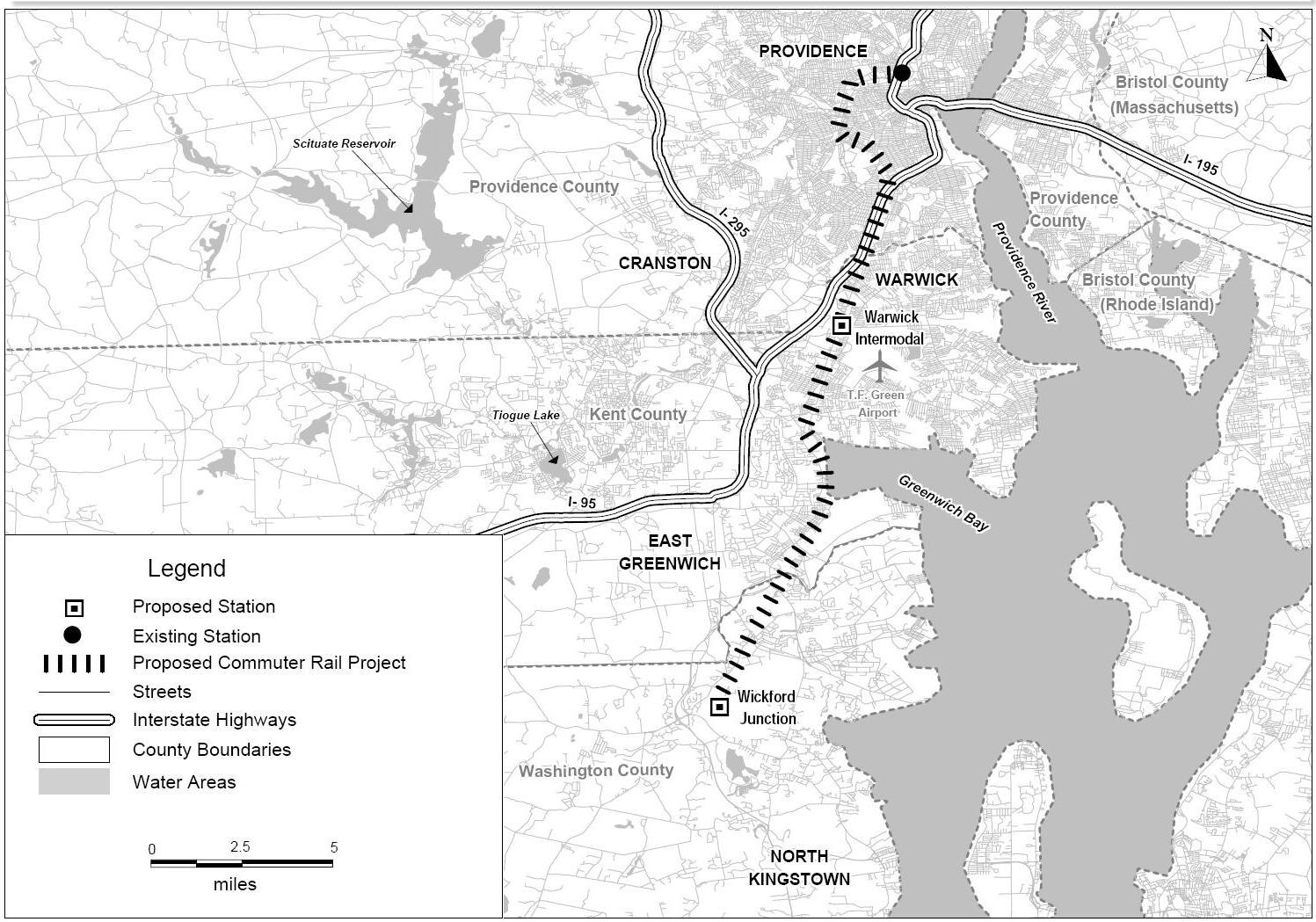 Schwarze und weiße Stadtkarte mit einem Fluss, beschriftet mit "Vorgeschlagenes S-Bahn-Projekt" auf der linken Seite, zeigt Straßen, Autobahnen und Stadtmerkmale.