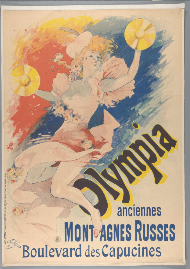 Ein Plakat, das die Olympischen Spiele in Mont-Agnes-Russes, Frankreich, ankündigt, zeigt eine Frau mit menschlichem Gesicht, die ein buntes Kleid trägt und einen Fächer hält, mit Text, der das Ereignis beschreibt.